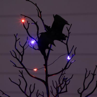 4' Pre-Lit Artificial Halloween Black Spooky Twig Tree with Bats and 120 Orange & Purple LED Lights