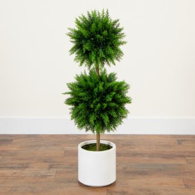 3.5&#39; UV Resistant Artificial Cedar Double Ball Topiary Tree in White Decorative Planter (Indoor/Outdoor)