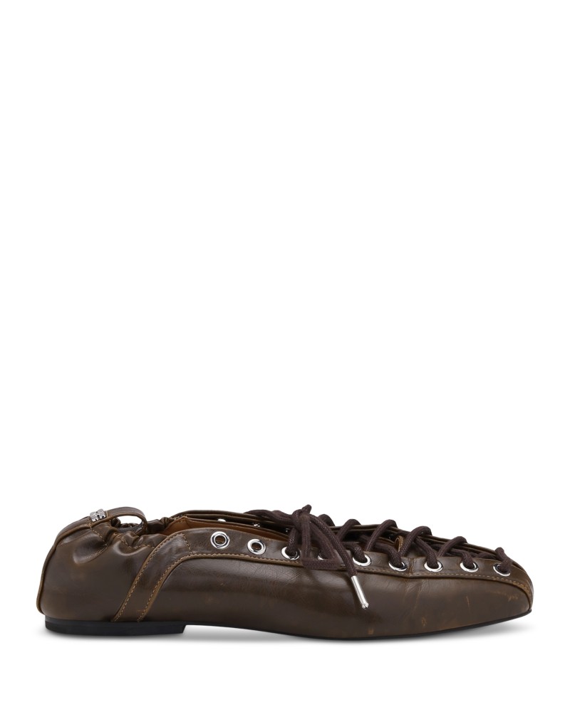 Ganni Women's Eyelets Lace Up Ballet Flats in Dark Olive