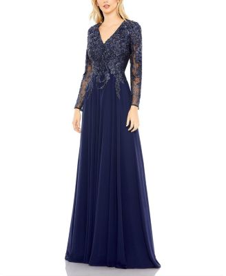  Embroidered Illusion Long Sleeve V-Neck Gown
