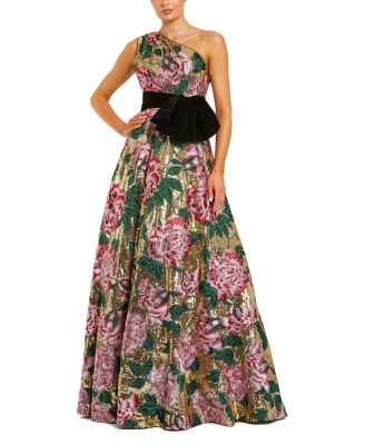 One Shoulder Sequin Ballgown with Velvet Bow