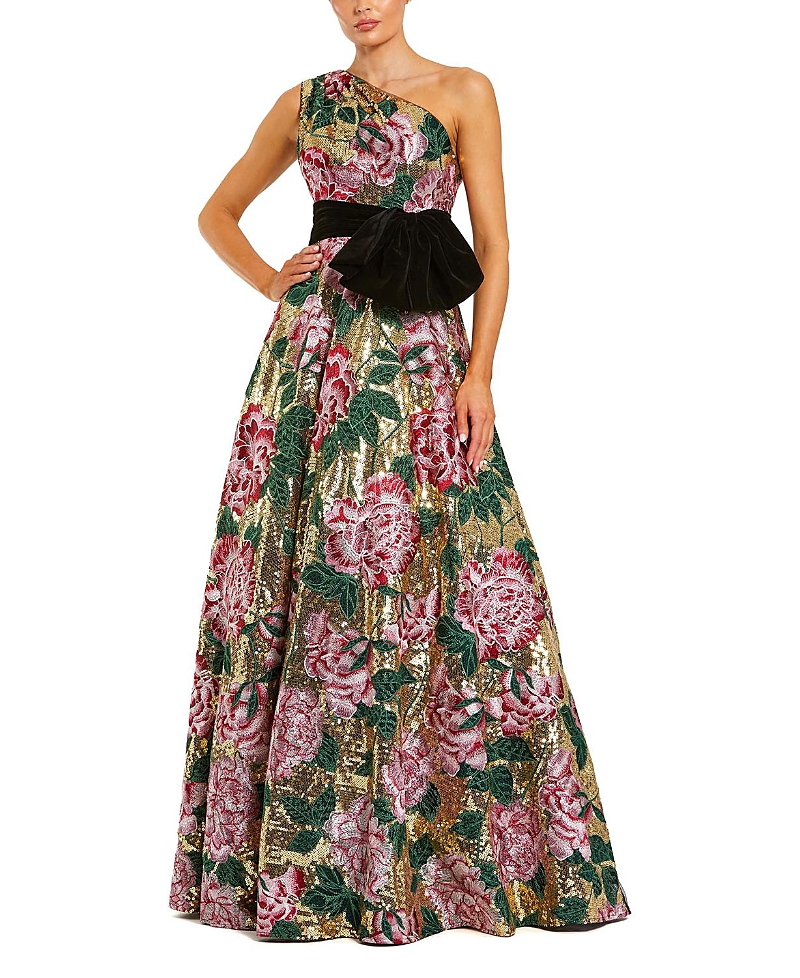 Mac Duggal One Shoulder Sequin Ballgown With Velvet Bow In Multi