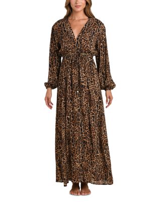 Sara Patch Leopard Long Sleeve Maxi Dress Swim Cover-Up