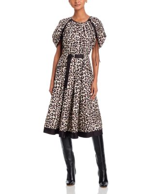 Leopard Print Ruched Sleeve Midi Dress