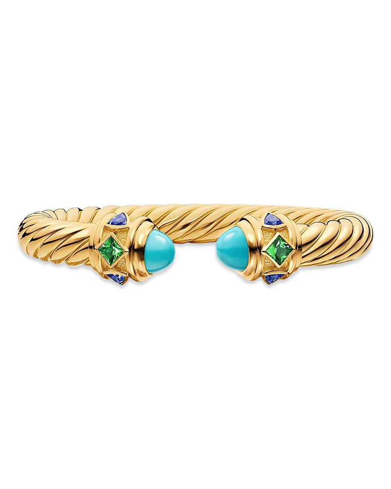 David Yurman Renaissance Cablespira Bracelet in 18K Yellow Gold with Turquoise, Tsavorite and Tanzanite, 9mm