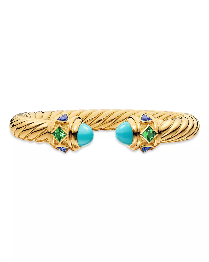 David Yurman Renaissance Cablespira Bracelet in 18K Yellow Gold with Turquoise, Tsavorite and Tanzanite, 9mm