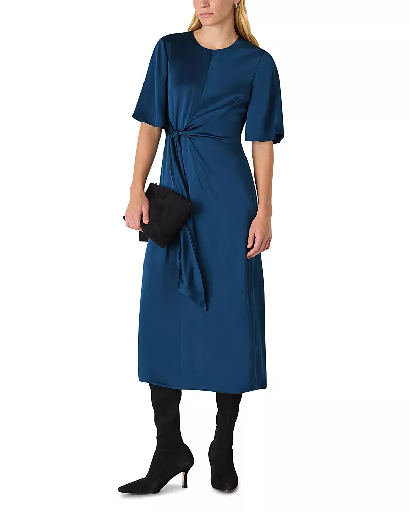 Whistles Satin Twist Waist Midi Dress