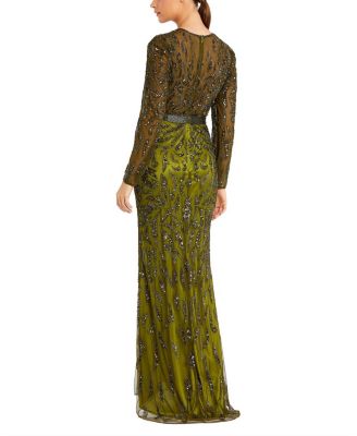  Beaded Long Sleeve Evening Gown