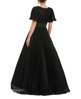 Pleated Shimmering Georgette Flutter Sleeve Gown