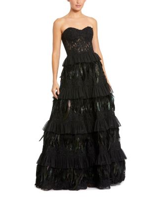 Strapless Tiered Lace & Feather Gown