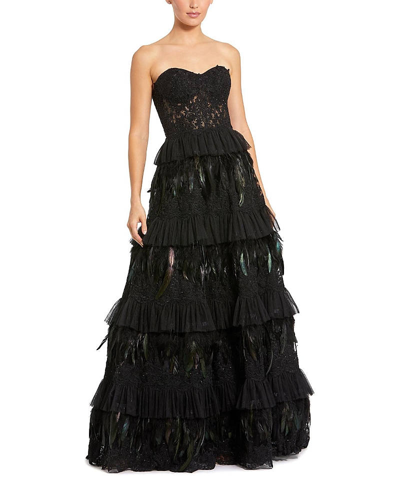 Mac Duggal Strapless Tiered Lace & Feather Gown In Black