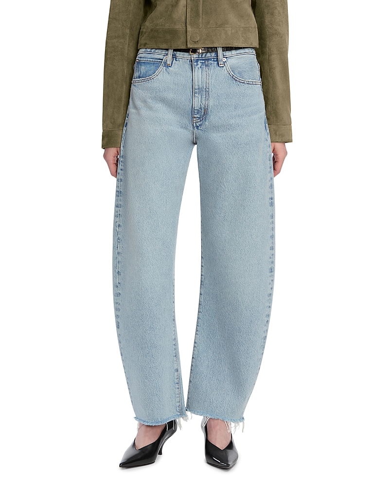Frame The Bubble High Rise Crop Barrel Leg Jeans In Outlaw Raw Fray