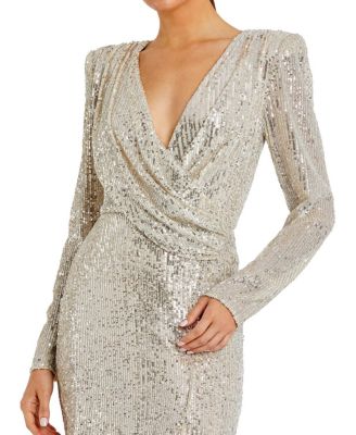 Sequined Long Sleeve Faux Wrap Ruched Gown