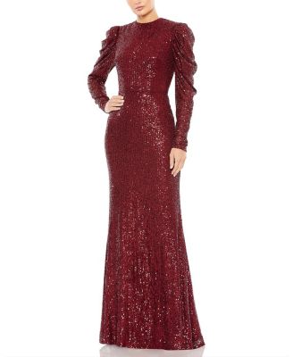  Sequined High Neck Puff Sleeve Column Gown