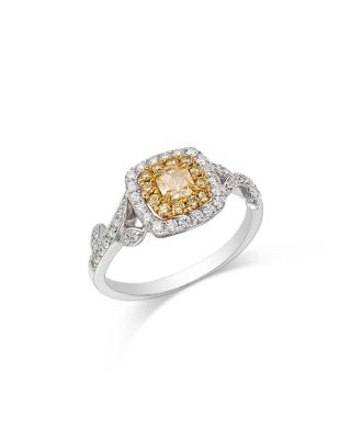 White & Yellow Cushion & Round Halo Ring in 14K Yellow & White Gold, 0.79 tcw