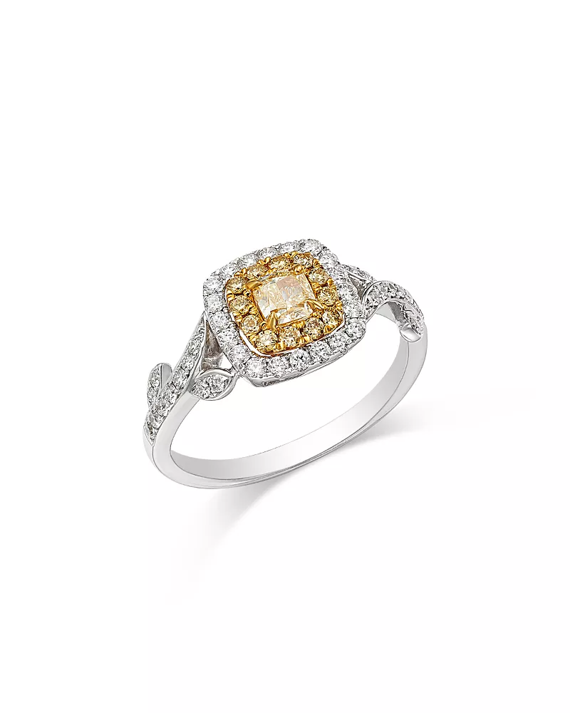 Bloomingdale's Fine Collection White & Yellow Cushion & Round Halo Ring in 14K Yellow & White Gold, 0.79 tcw