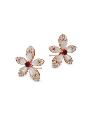  18K Rose Gold Tiare Mother of Pearl, Rubellite, & Diamond Flower Stud Earrings