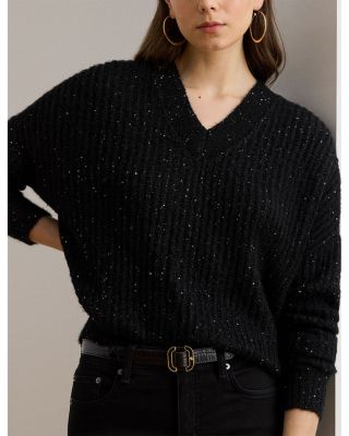 Sequined Rib-Knit V-Neck Sweater