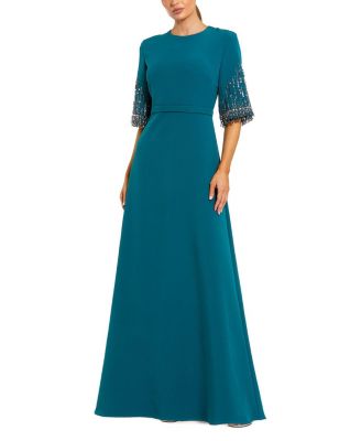  Crepe A Line Gown With Beaded 3/4 Sleeves