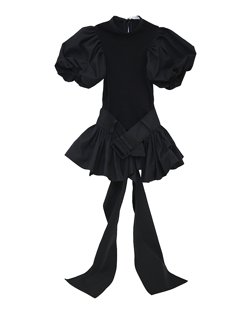 Rokh Belted Flare Puff Sleeve Top In Black