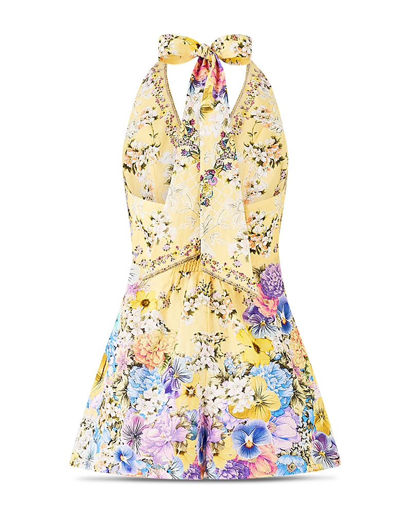 Camilla Linen Button Front Halter Playsuit In Yellow
