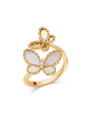 18K Yellow Gold Jasmine Mother of Pearl & Diamond Butterfly Bypass Ring