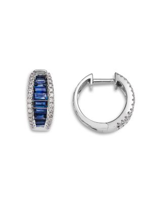 Blue Sapphire & Diamond Huggie Hoop Earrings in 14K White Gold
