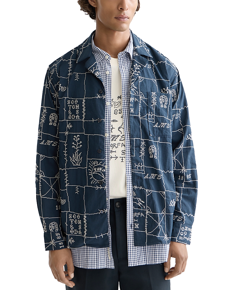 Scotch & Soda Embroidered Long Sleeve Camp Shirt In Blue