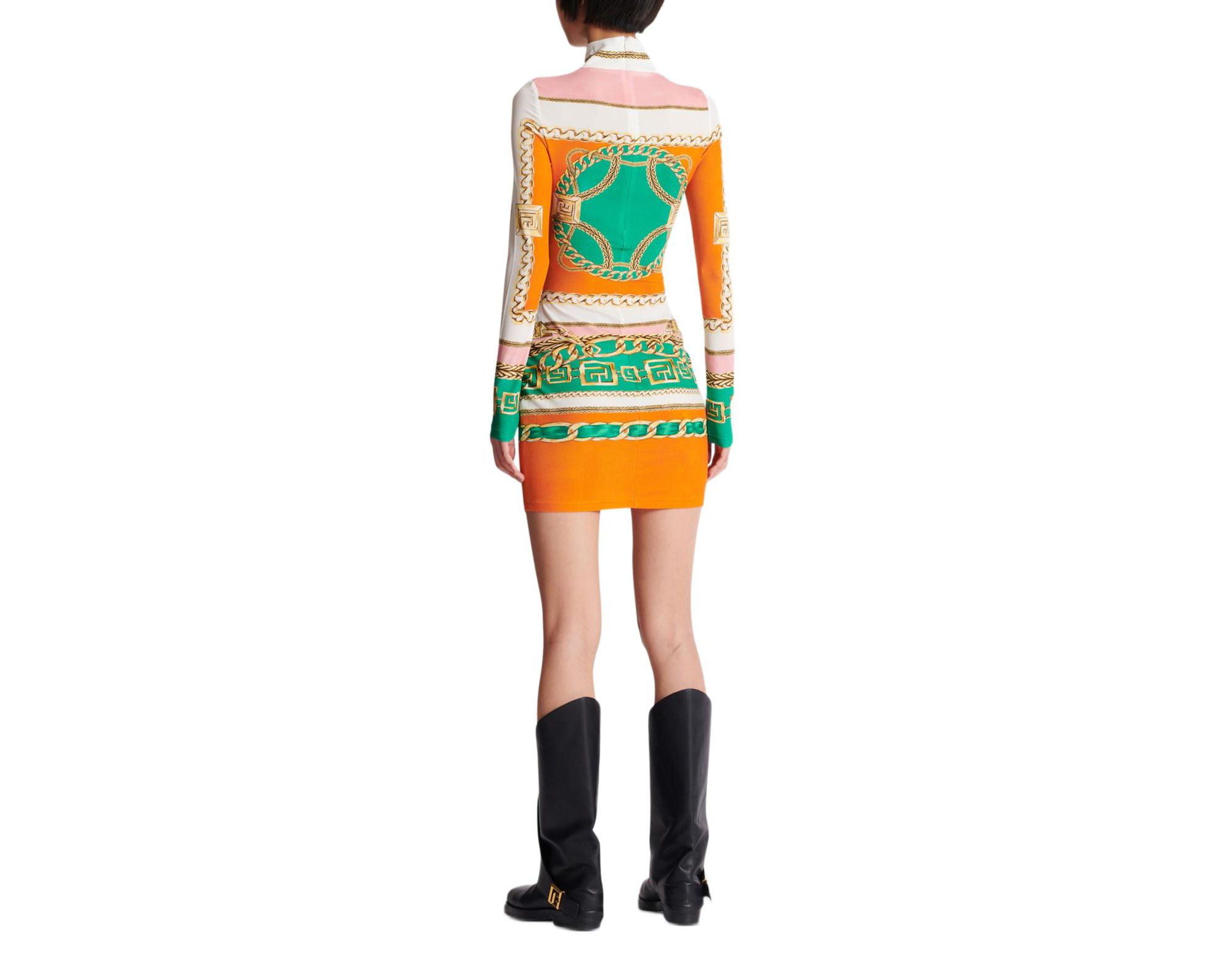 Short Printed Bodycon Dress with Balmain Foulard Pattern — Image 4