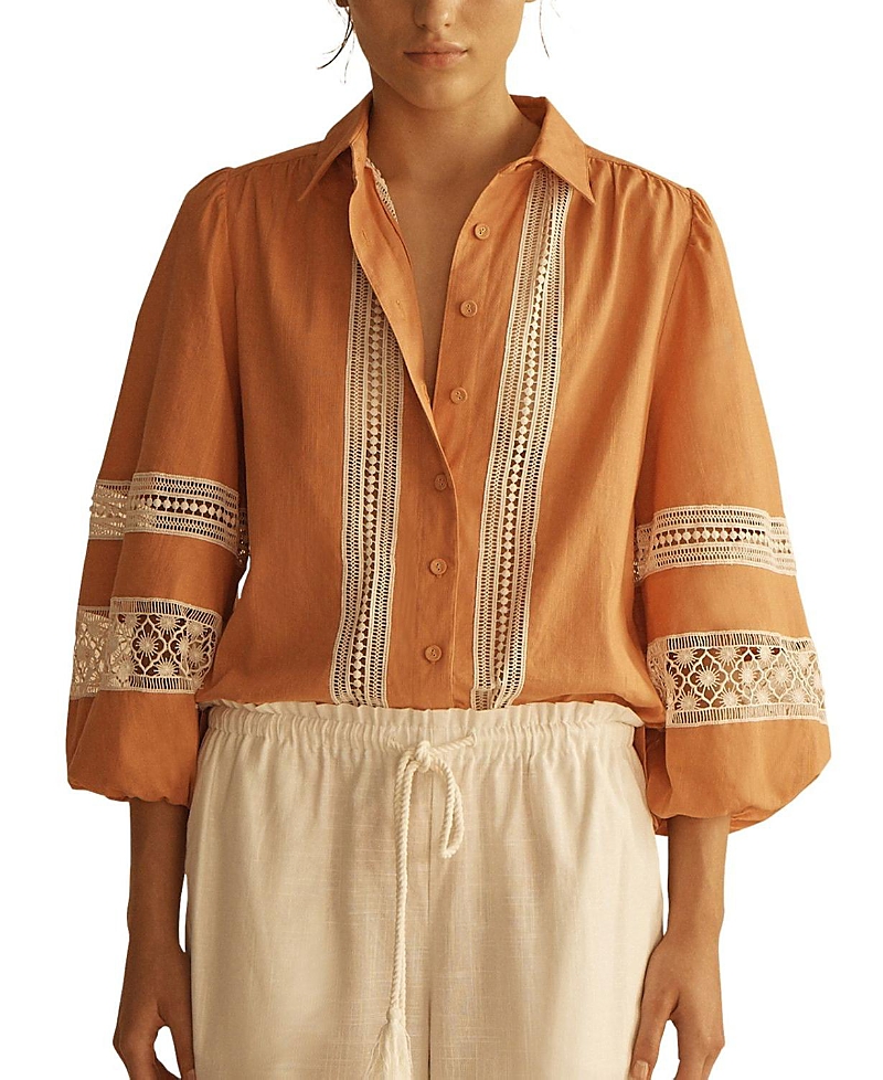 Aur Ocea Tangelo Lace Trim Billow Sleeve Blouse In Orange