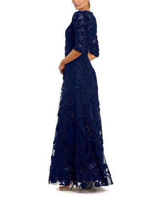  3/4 Sleeve High Neck Embroidered A-Line Gown