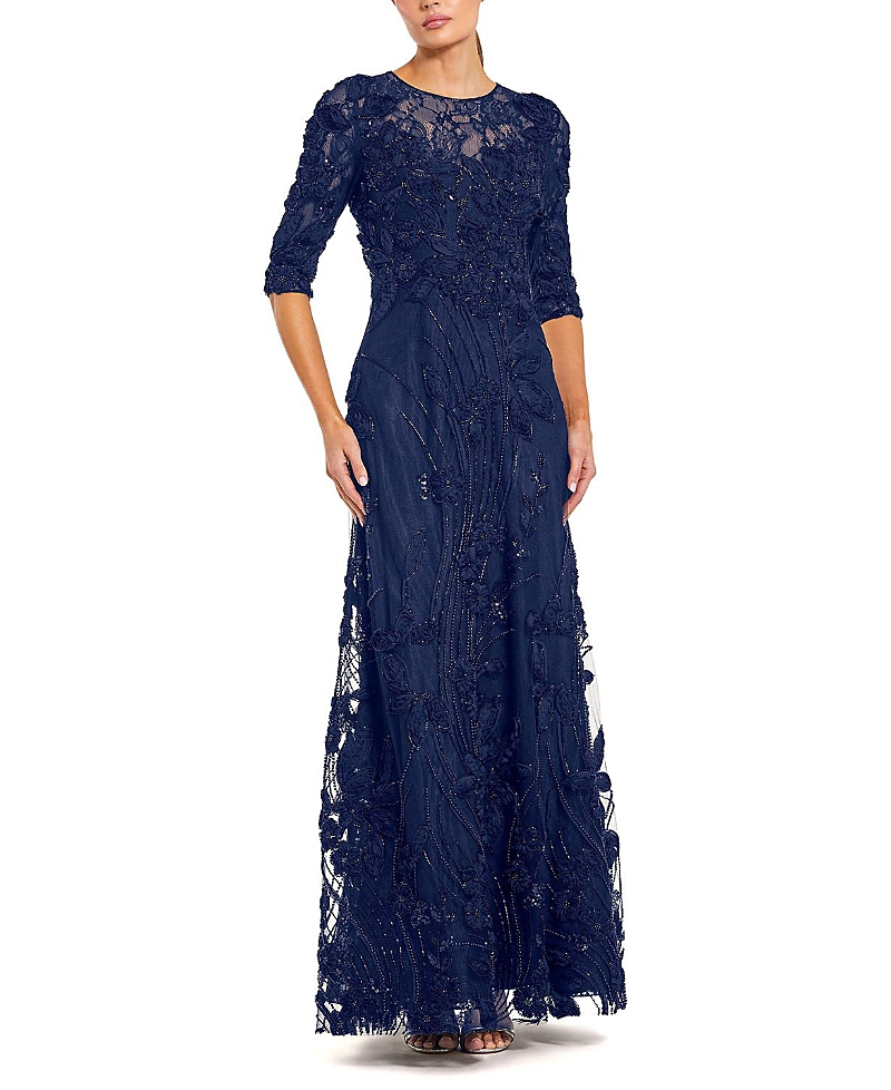 Mac Duggal 3/4 Sleeve High Neck Embroidered A Line Gown
