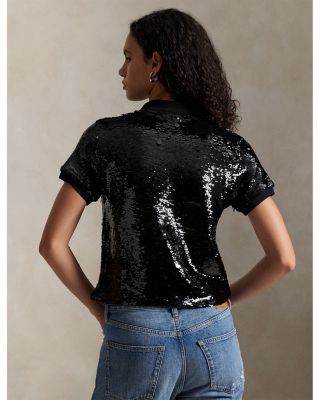 Sequined Mesh Crop Polo Shirt
