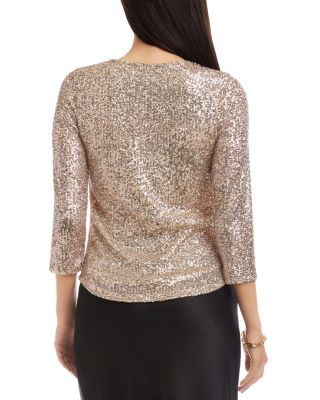 Three Quarter Sleeve Drape Front Sequin Top