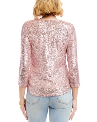 Three Quarter Sleeve Drape Front Sequin Top