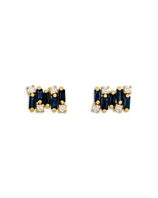 18K Yellow Gold Shimmer Blue Sapphire & Diamond Baguette Cluster Stud Earrings