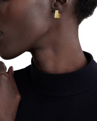 18K Yellow Gold Caviar Gold Diamond Double Row Huggie Hoop Earrings