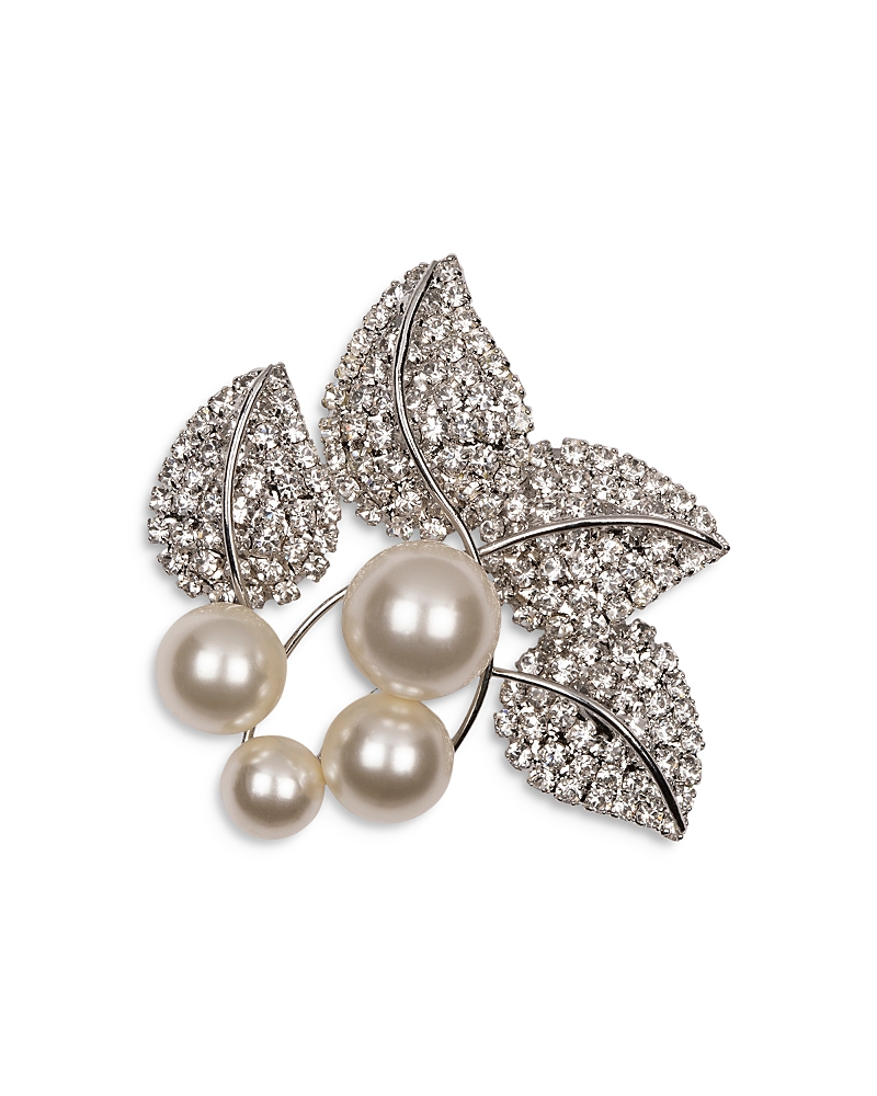 Jennifer Behr Blance Pave & Imitation Pearl Leaf Brooch In Silver