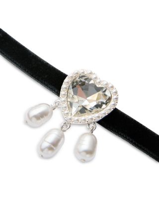 Rhinestone Heart & Imitation Pearl Charm Velvet Ribbon Choker Necklace, 12"-14" - Exclusive