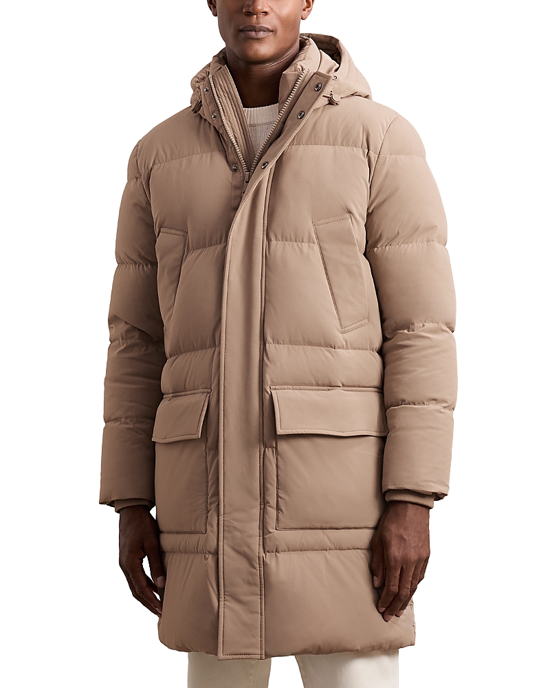 Reiss Mens Light Camel Brown Moon Quilted Longline Stretch-nylon Puffer In Brown