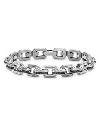 Men&#39;s Faceted Flat Link Bracelet in Sterling Silver with Black Diamonds, 11mm