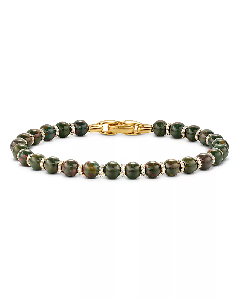 David Yurman Spiritual Beads Bracelet in 18K Yellow Gold with Bloodstone and Diamonds, 6mm