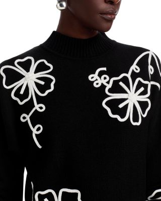 Long Dolman Sleeve Mock Neck Flower Embroidery Sweater