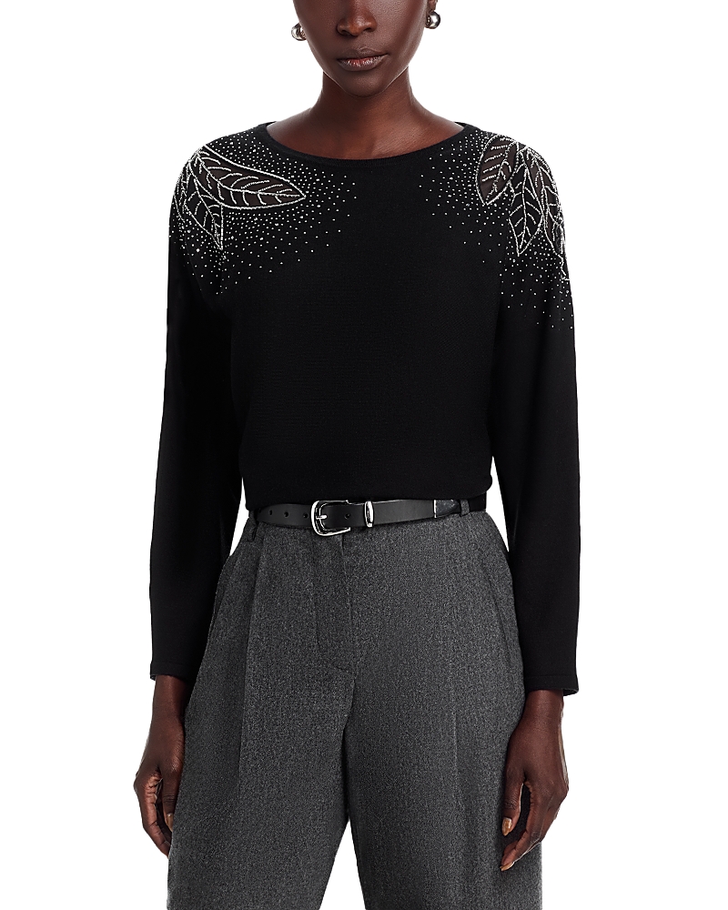 T Tahari Long Sleeve Jersey, Beaded And Lace Inset Sweater In Black