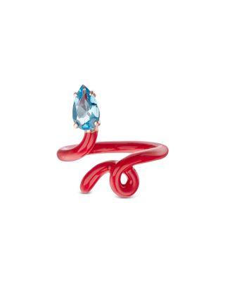 9K Rose Gold &amp; Sterling Silver Blue Topaz and Red Enamel Tendril Ring