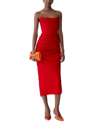 Strapless Draped Midi Silk Dress
