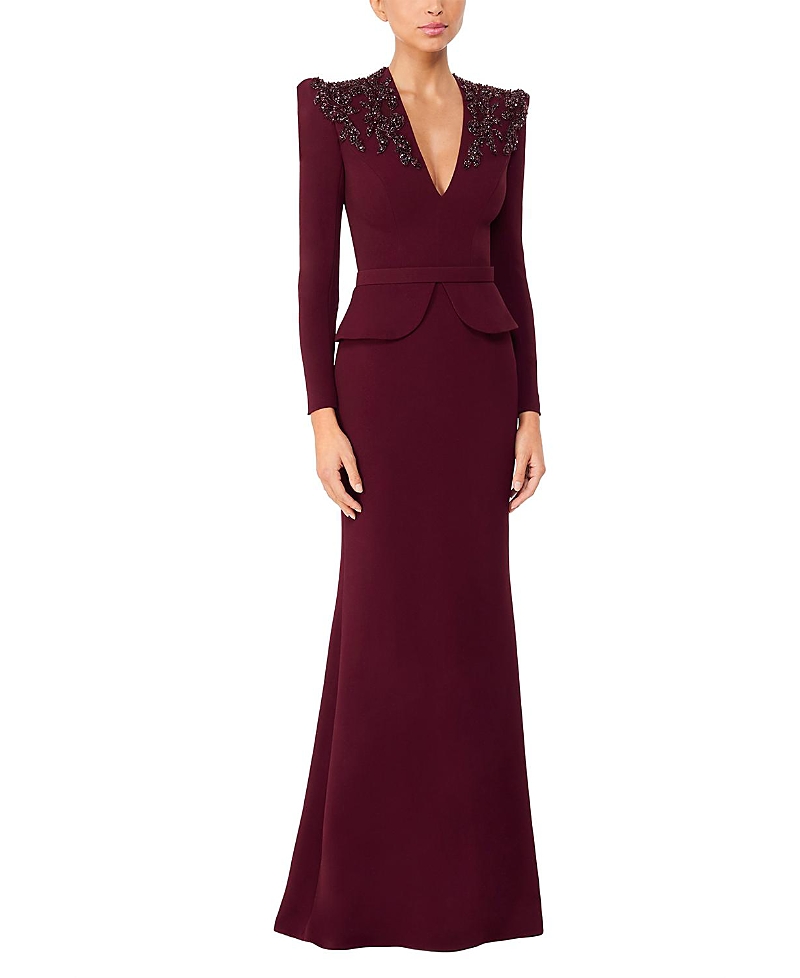 Jenny Packham Night Flowering Sequin-embellished V-neck Maxi Dress In Burgundy