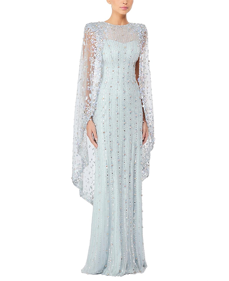Jenny Packham Blaize Sequin-embellished Cape Maxi Dress In Silver