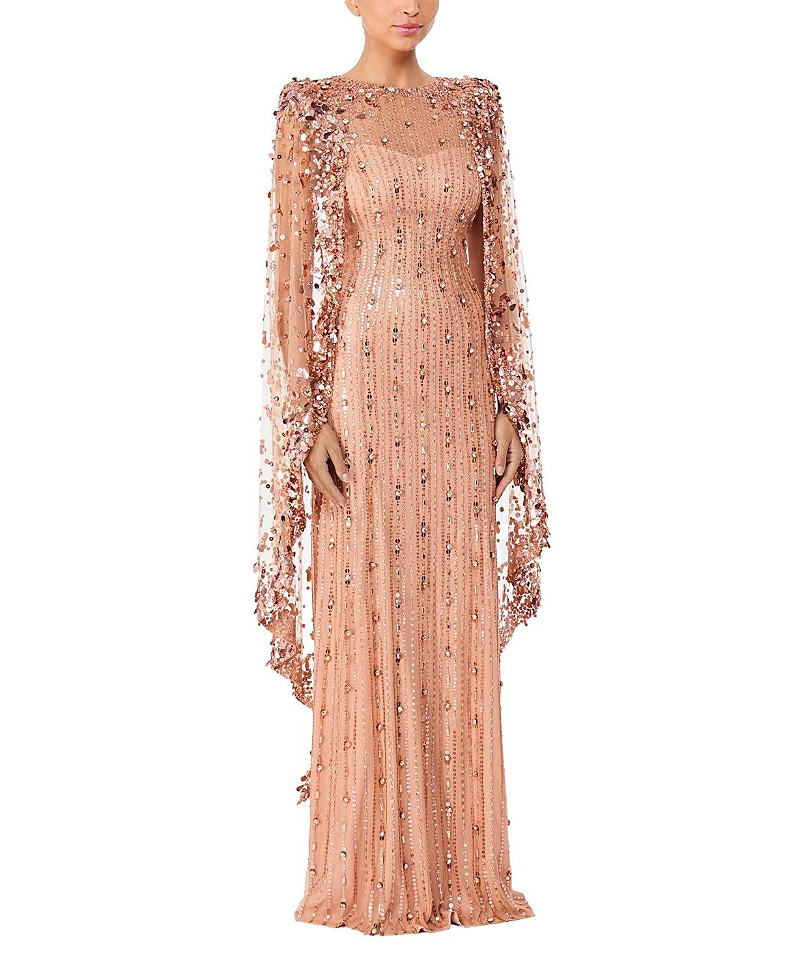 Jenny Packham Blaize Sequin-embellished Cape Maxi Dress In Brown
