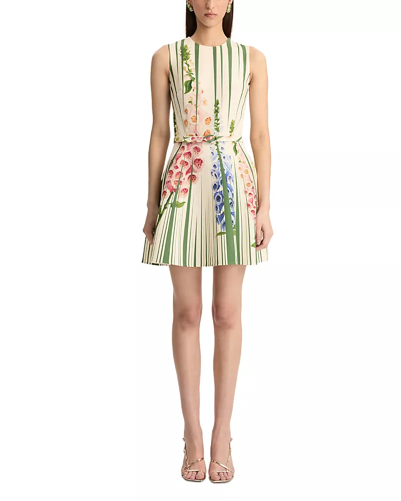 Oscar de la Renta Sleeveless Pleated Tromp L'oeil Foxgloves Dress